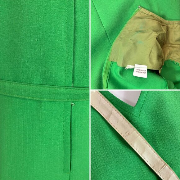 Vintage 70s Shift Dress Women's Large Solid Green V-Neck Belted Kangaroo Pockets - Picture 10 of 11